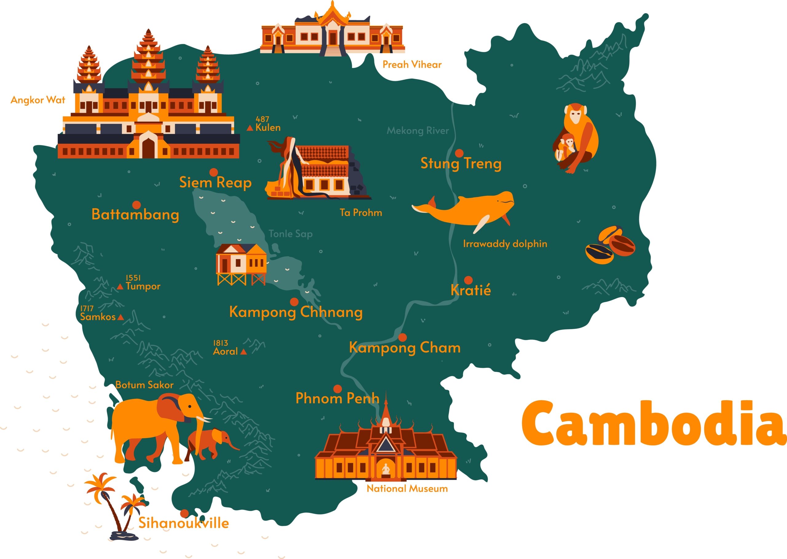 Vector,map,of,cambodia.,sights.,attraction.,historical,places.,tourism.,cities.